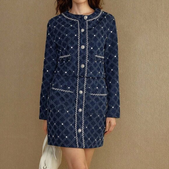 Blue Elegant Women's Plaid Rhinestone Faux Pearl Placket Jacket & Skirt Set - Picture 3 of 6